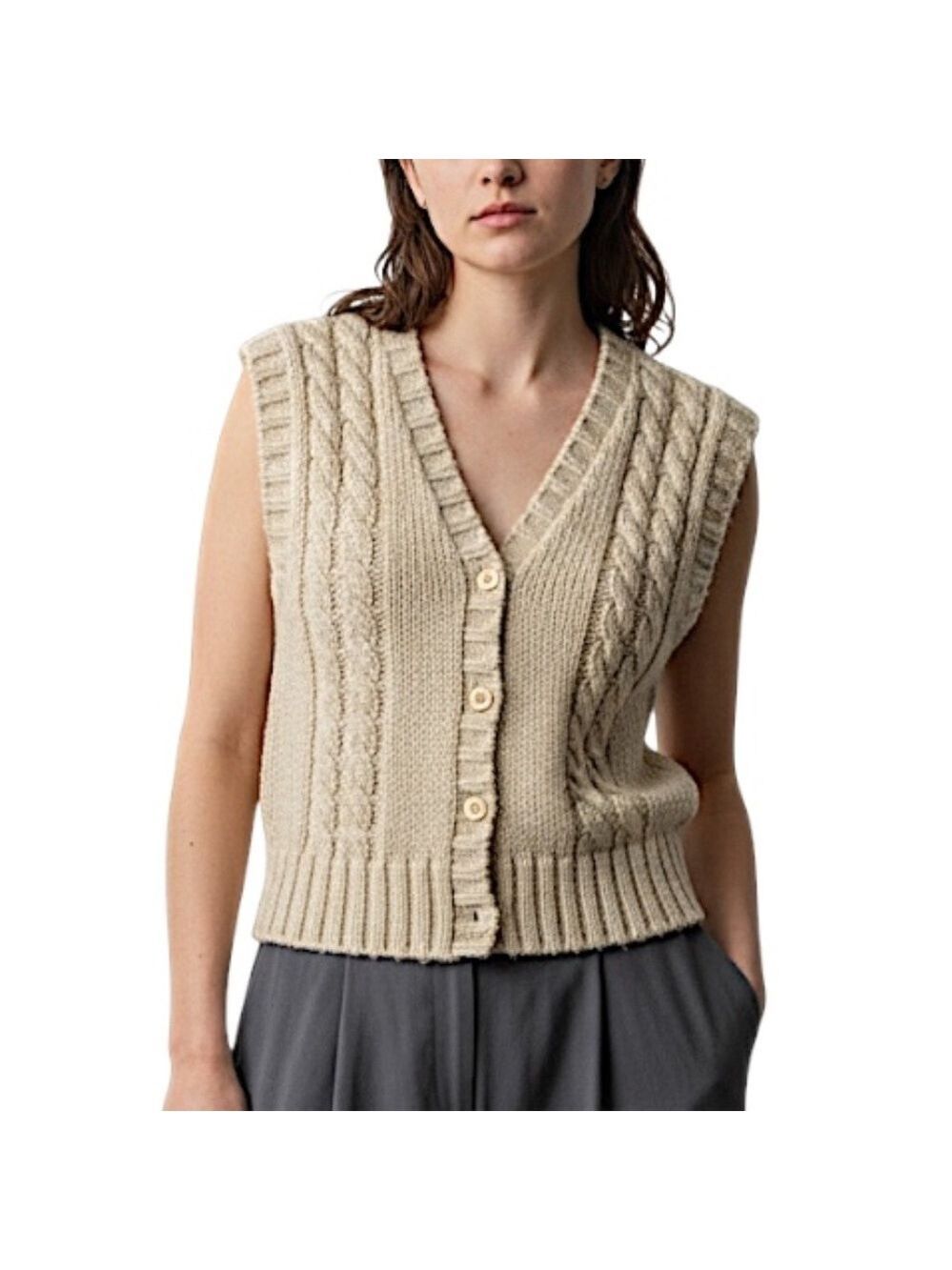 Vintage 70s 80s beige knit cap sleeve cardigan sweater vest M